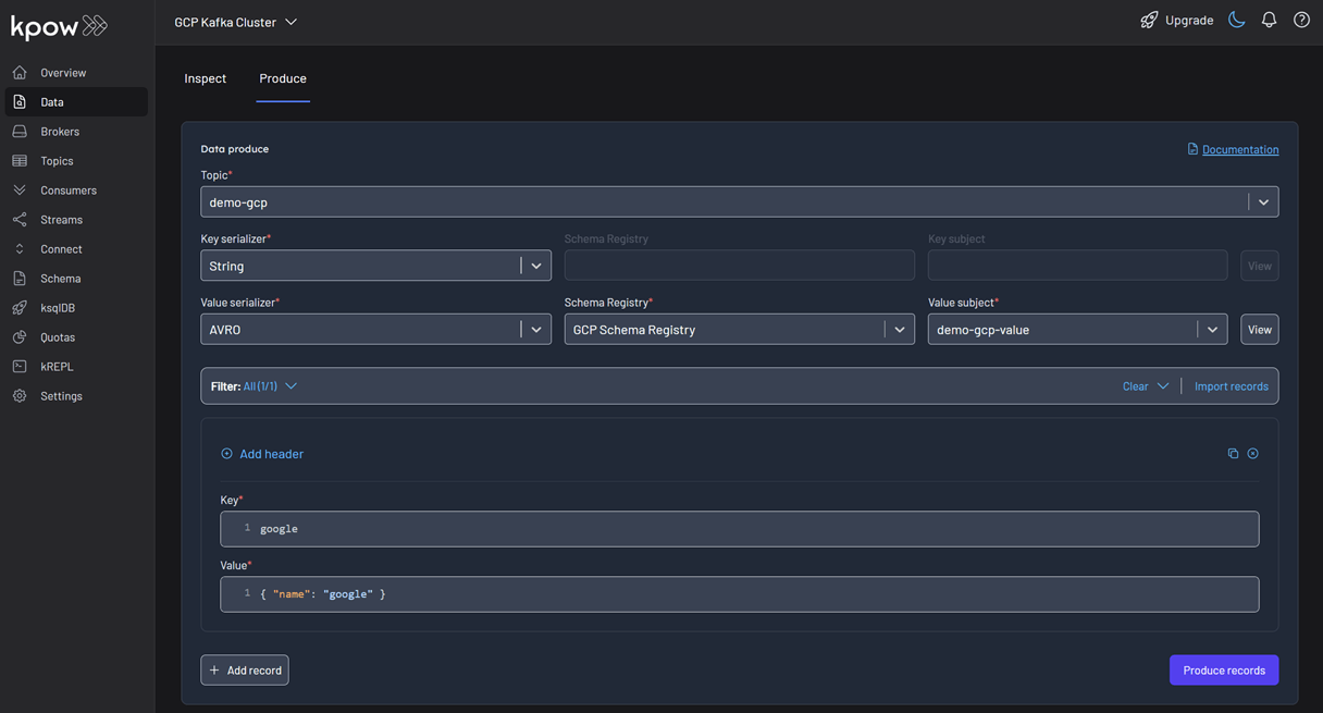 Produce Records on GCP Registry