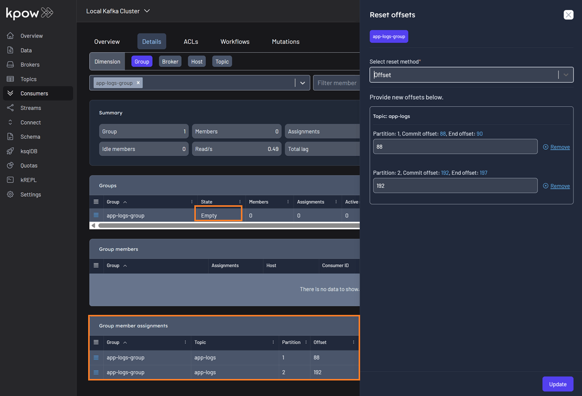 Empty Consumer Group Offset Reset